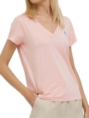 Polo Ralph Lauren 100% Cotton Jersey V Neck T Shirt Peachy Pink Medium